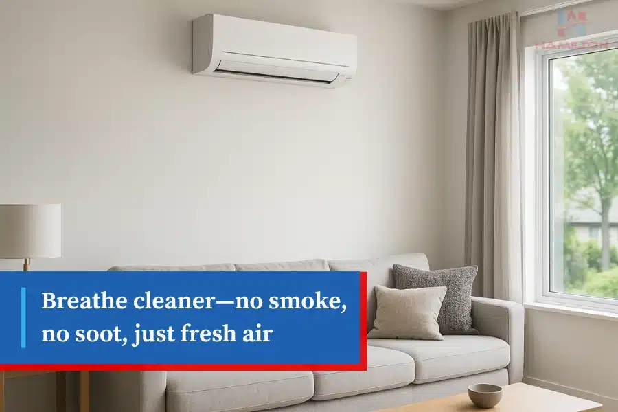 Bright living room with air conditioner and open window for fresh air.
