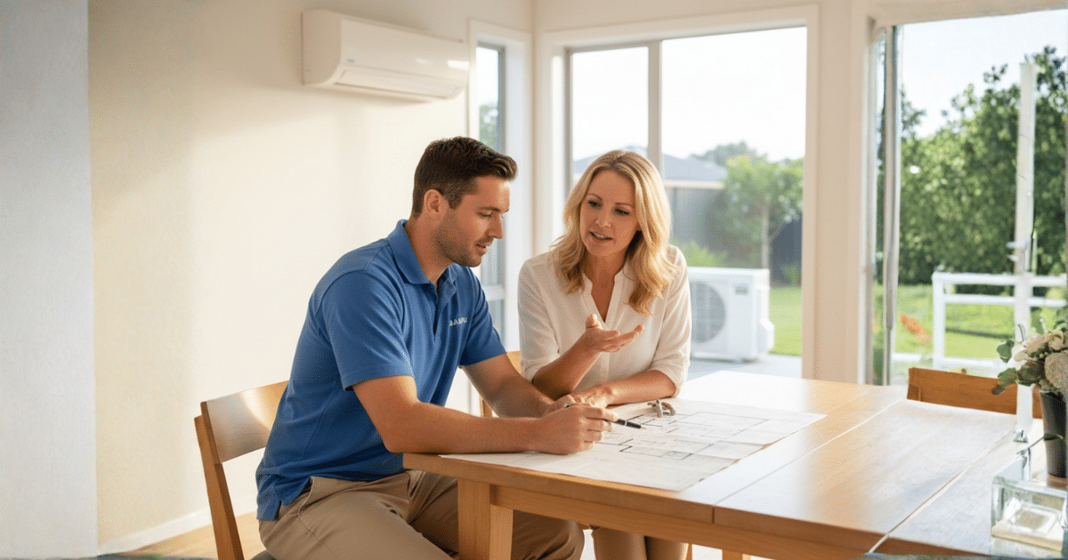 A heat pump technician and a female homeowner discussing installation plans at a dining room table, with an indoor heat pump unit visible on the wall.