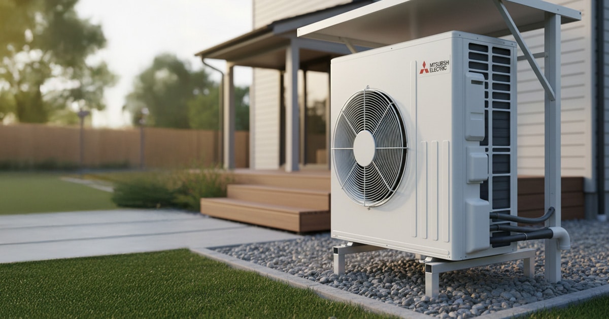 The outdoor condenser unit for a Mitsubishi Electric heat pump, professionally installed on a gravel pad in the backyard of a modern home.