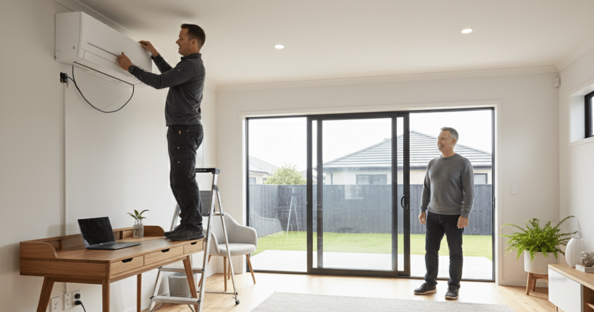 A technician stands on a desk to install the indoor unit of a Mitsubishi heat pump on the wall, as the homeowner watches in a modern living room.