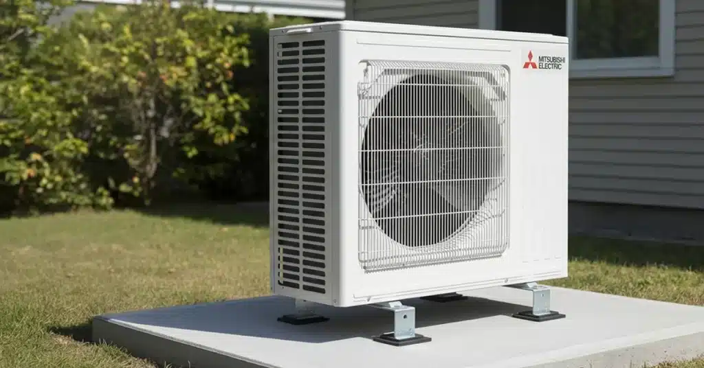 A white outdoor heat pump or air conditioner unit with a fan and grate, installed on a concrete pad next to a residential house.