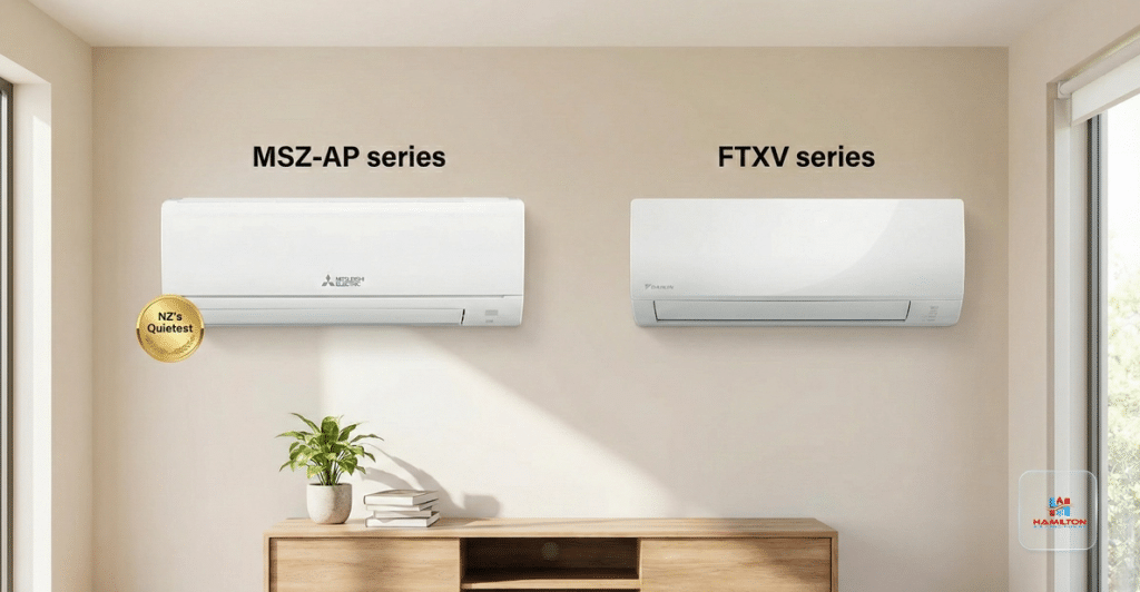 A side-by-side comparison of a white Mitsubishi MSZ-AP series wall-mounted unit and a Daikin FTXV series unit in a modern living room setting.